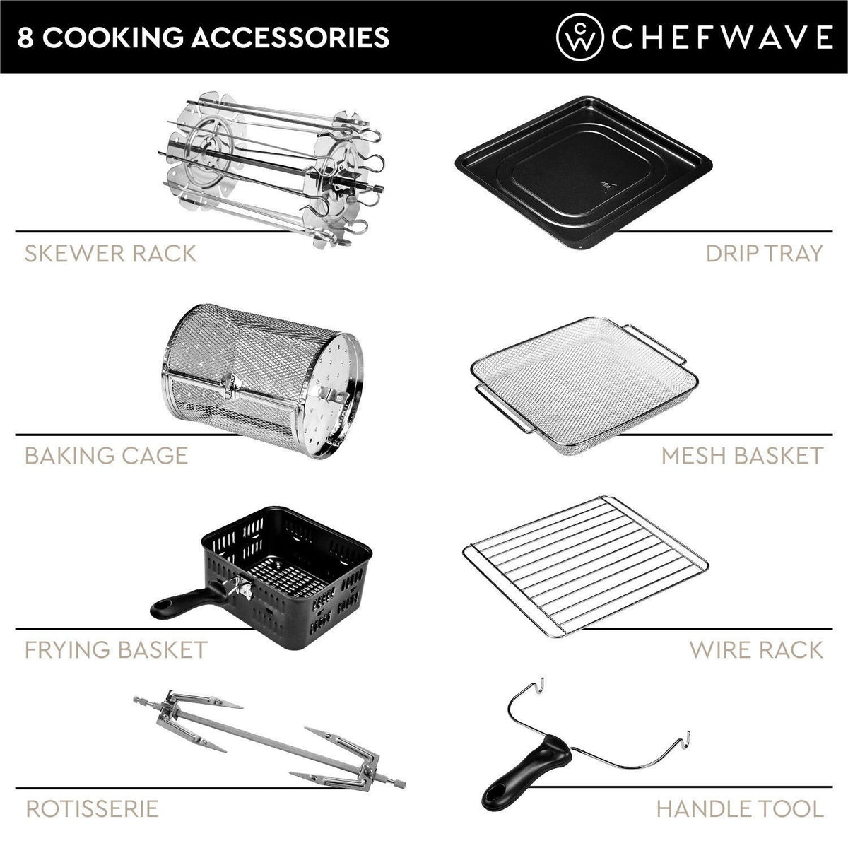  USBLUEWAVE 7-Pieces Air Fryer Oven Accessories Kit for Multi  Brands, Rotisseries Drum, Baking Rack, Air Fryer Basket
