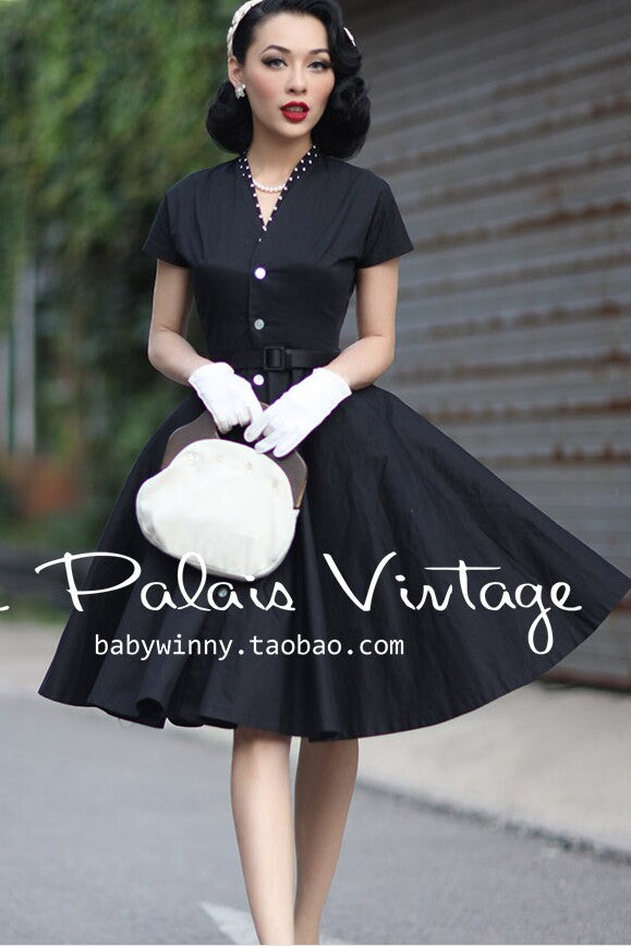 Unique Vintage Retro Classic 1950s Black Caroline Swing Dress with Sle